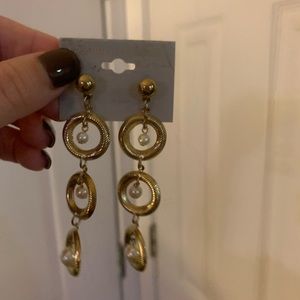 Gold and faux pearl long statement earrings